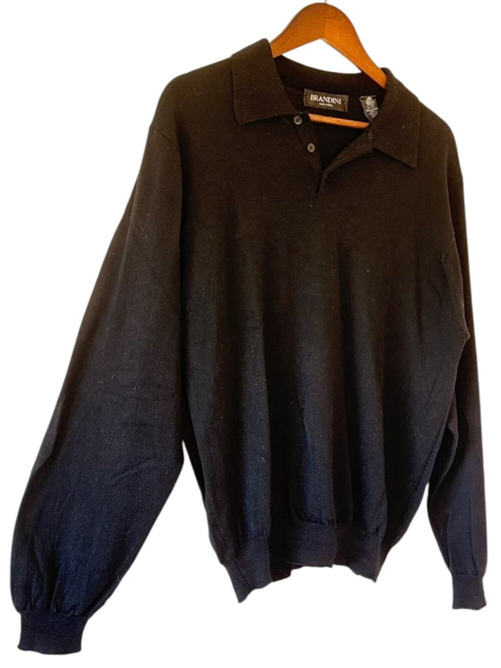 Brandini Mens Merino Wool Extra Fine Polo Sweater Made in Italy Black Size Med